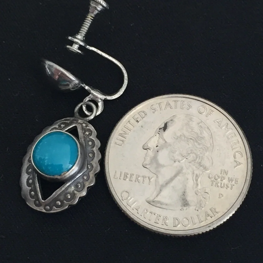 Vintage Sterling Silver Native American Dangle Earrings Screw Back Turquoise